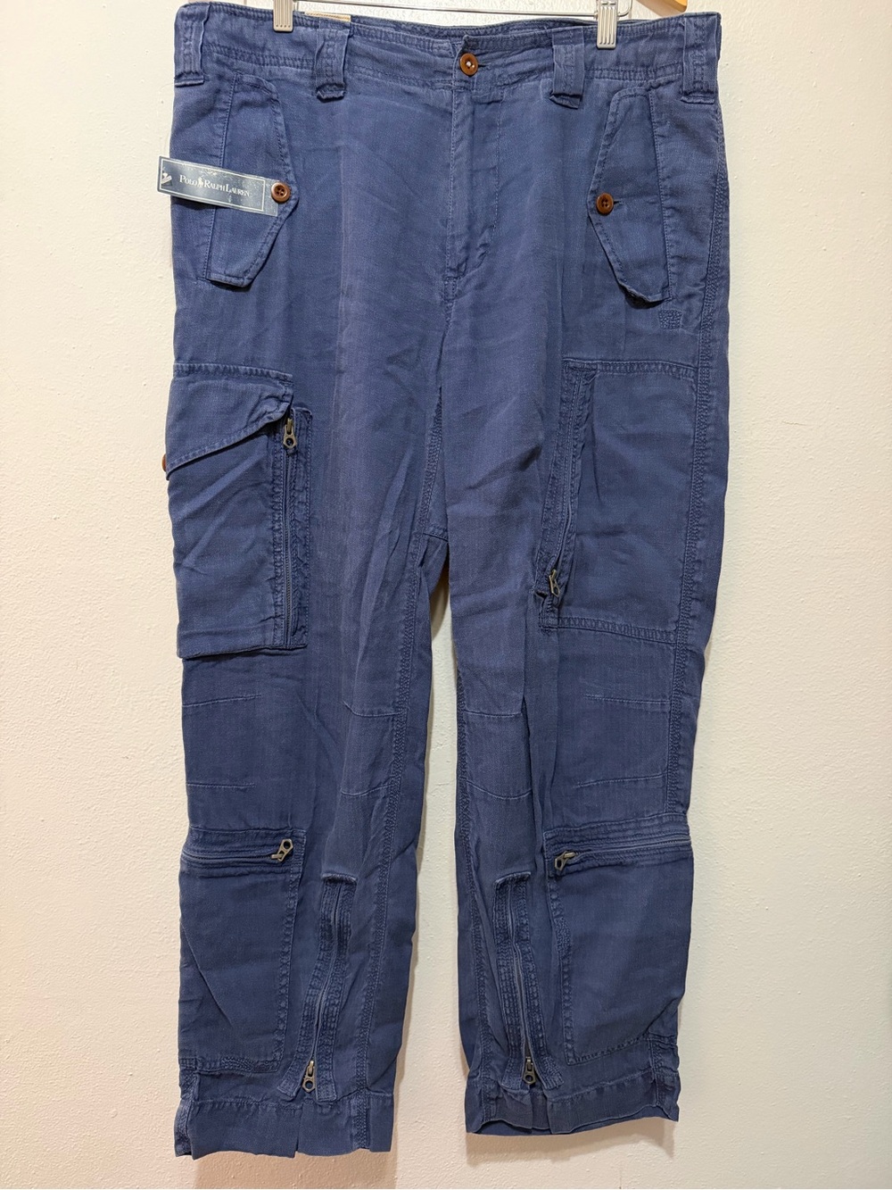NEW VINTAGE Polo Ralph Lauren Mens Blue Cargo Pants Classic Fit Linen Silk 35X30